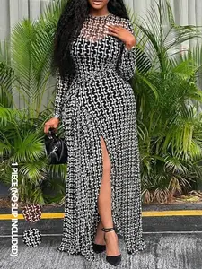 Summer New Print Dress, Sexy Half-Slit Design Long Dress, Waist-Cinch Casual Bodycon Dress, Perfect for Office and Parties