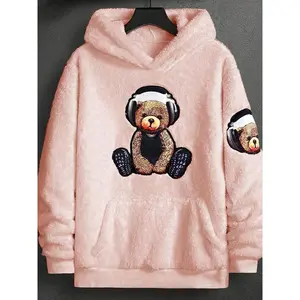 Autumn–Winter Fleece Hoodie, Casual Pullover with Bear Print, Long-Sleeve Polyester Fabric, Fashion Colorblock Design, Suitable for All Seasons
