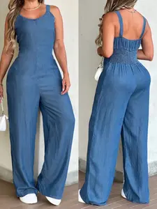 Women's New Elegant Spring Summer Plain Wide Leg Sleeveless Jumpsuit, Casual Fitted Back Tie Design, Comfortable One-Piece Pants