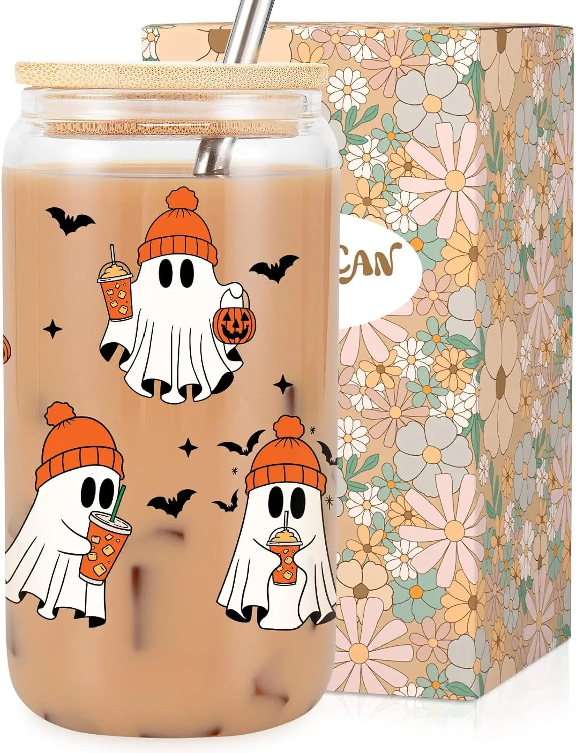 16 oz Halloween Ghost Glass Cup with Lid and Straw, Cute Spooky Glass Cup for Iced Coffee, Boo Basket Stuffers for Women, Men & Teen Girls, Halloween Gifts for Her, Fall Coffee Cup, Ghost Drinkware, Halloween Party Gift Tumbler