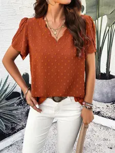 Elegant Women's Summer Fitted Woven Shirt, Spring Vacation Style, Pure Color V-Neck, Leaf-Sleeve Ruffled Blouse, Stylish Fashionable Design, Perfect for Casual, Basic