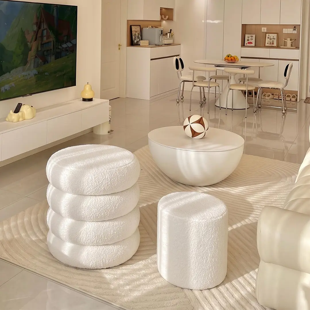 Round Ottoman with Storage Boucle Ottoman (Beige) Storage Removable Lid for Living Room Modern Vanity Sorage Stool Foot Rest Bedroom Set of 2