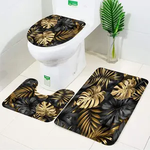 Tropical Leaves Bath Mat Set Palm Leaf Monstera Black Gold Plants Home Carpet Flannel Bathroom Floor Rugs Toilet Lid Cover