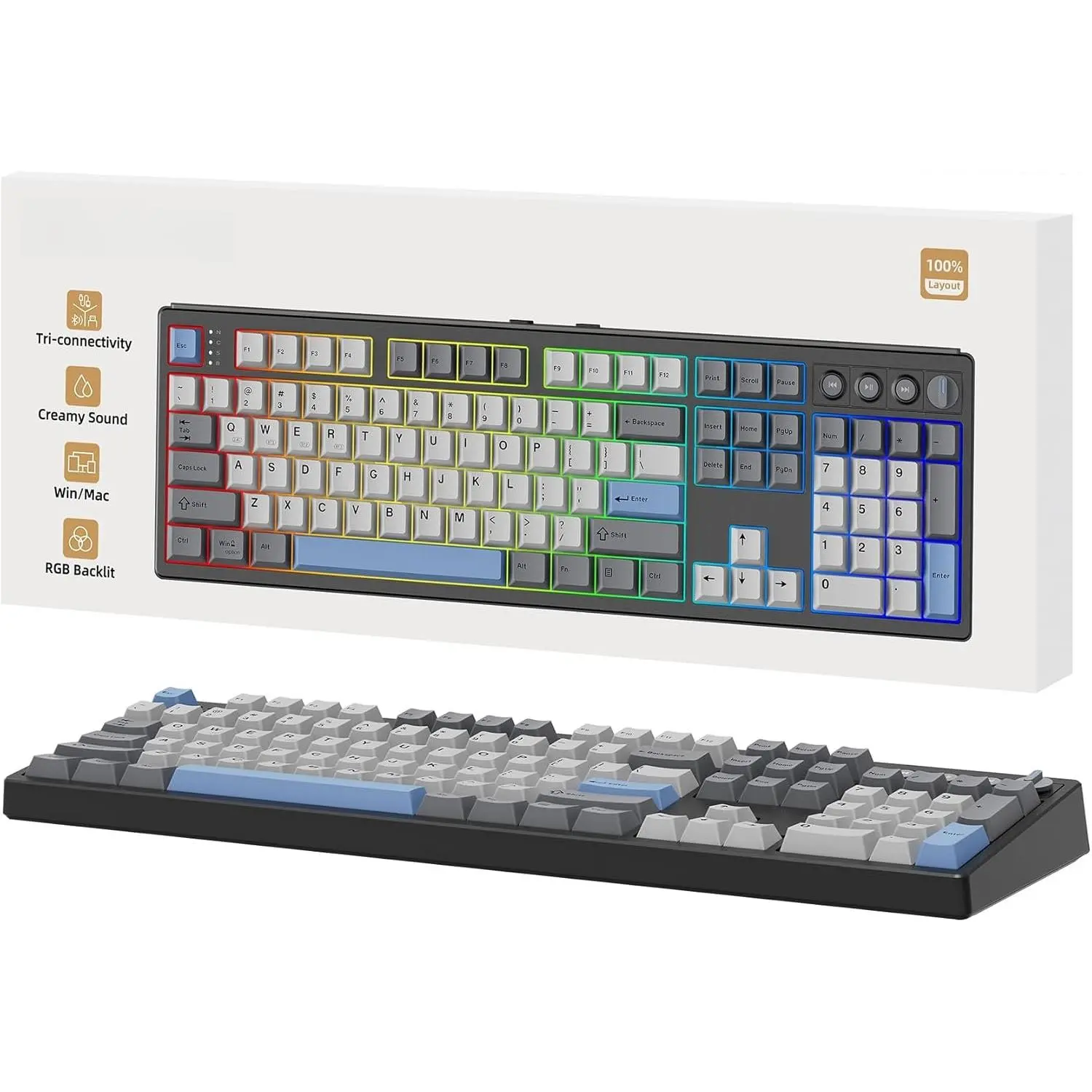 KN104  Mechanical Gaming Keyboard,  Full Size 104  with Number Pad, Custom RGB Backlit, Creamy Sound, Hot Swappable, /2.4GHz/USB-C for Win//PC (Carbon Black)