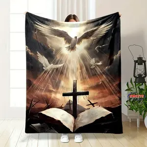 Jesus Cross Texture Flannel Blanket for Bed Bedroom Sofa Picnic, Keep You Warm, Throw Blanket for Cover Outdoor Leisure Nap Gift  Essential for home and travel.