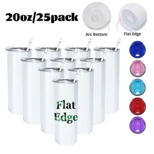 20oz Sublimation Flat Edge Tumbler Blanks with Colorful Lid, Skinny Straight Cups Bulk, Individual Box, Plastic Straw
