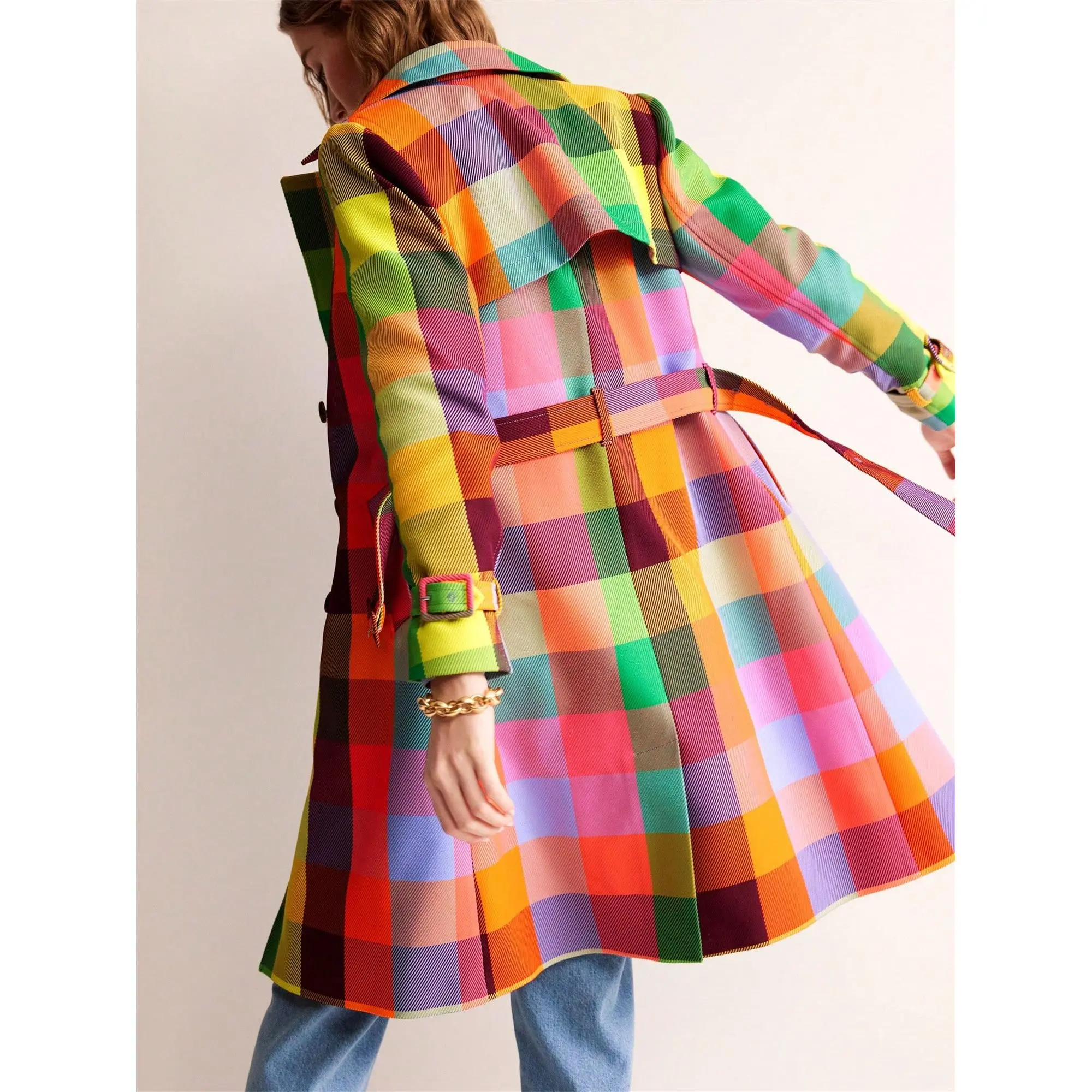Plaid Double Breasted Trench Coat, Rainbow Colors, Women display picture 1