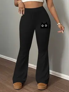 Pattern Print Women's Casual Slim Fit Flare Pants, Long Regular Length, Elastic Waist, Plain Pattern, Spring Autumn Winter Home Wear