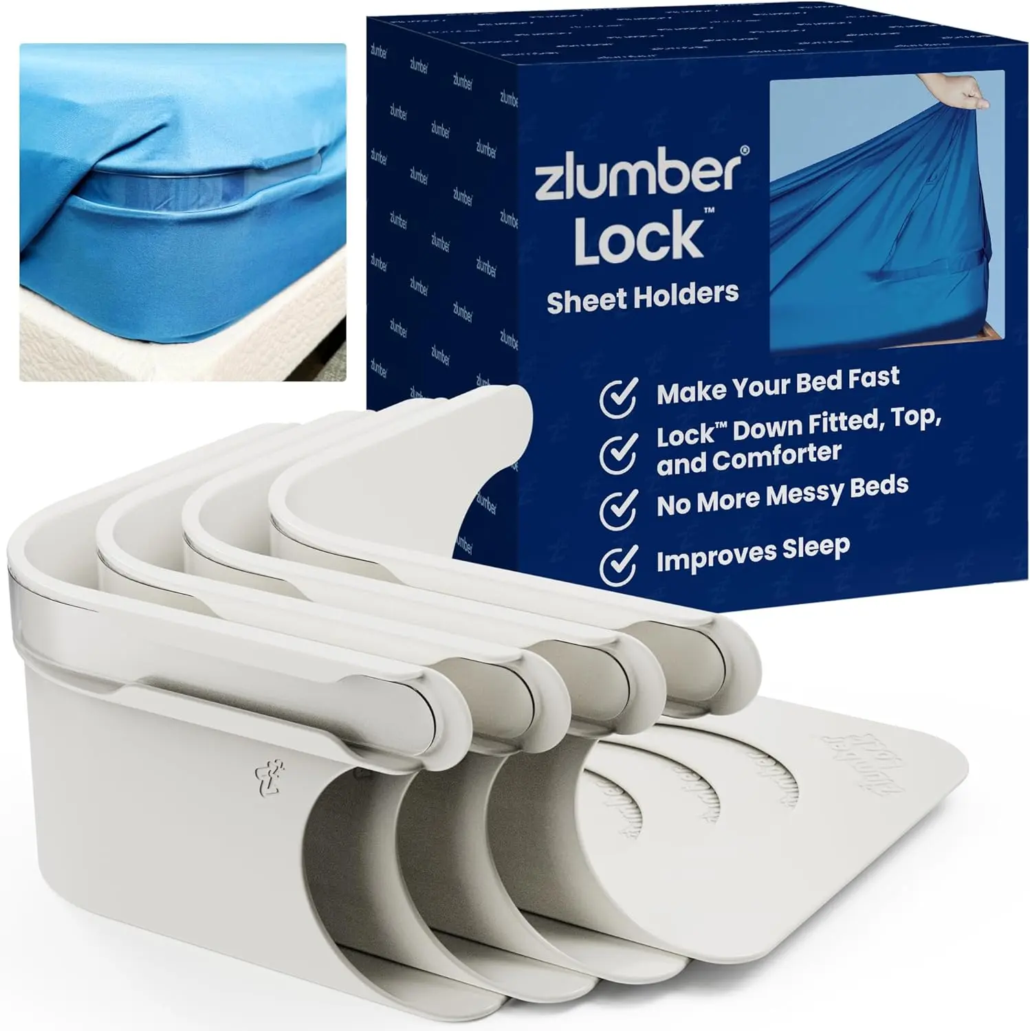 Zlumber Lock Bed Sheet Holder - Patented Corner Frame with No-Slip Mattress Straps, One-Time Installation, Fits All Sheets, Secure Hold for Comfortable Sleep - Bedsheet Clip