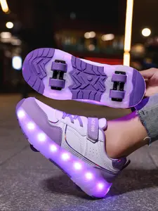 Teen Girls' Wheel Shoes, Roller Skates, Skater, Four-Wheel Skate Shoes, Medium-Large Kids Girl Small Wheels, LED Rechargeable Glowing Shoes
