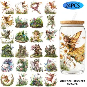24PCS/Set Beautiful Flower Fairy Themed UV DTF 16OZ DIY Transfer Paper Set Used For 16oz Water Bottles Glass Bottles Laptops Home Decoration DIY High Viscosity Transfer Paper