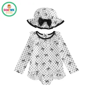 Toddler Girls Swimsuit, Bow Dots Print Long Sleeve Bikini with Hat Swimwear for Summer Bathing