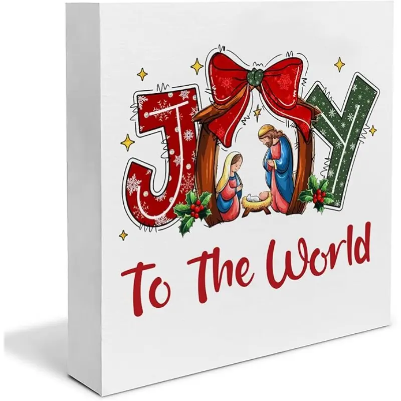 Christmas Halloween Decoration Gifts，Joy to the World Sign, Religious Christian Jesus Christmas Decorations 5 X 5 Inch, Christmas Wooden Box Signs for Holiday Home Indoor Office Desk Tabletop Decor