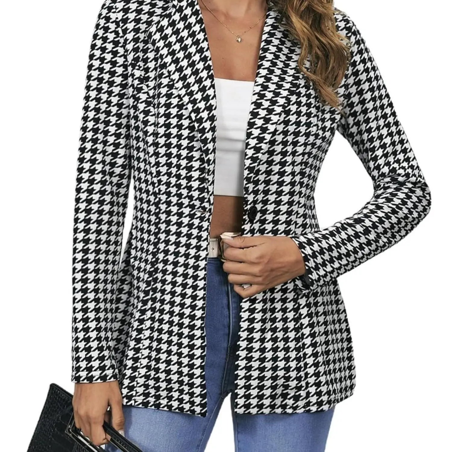 Women's Classic Houndstooth Plaid Long Sleeve Blazer - 1-Button Fitted Slim Polyester Jacket, Stylish Business Casual Office & Everyday Wear (Pair with Bottoms), Jeans, Skinny, Style, Stretchy, Chic, Longsleeves, Classic Chic, Houndstooth Print Adds Insta