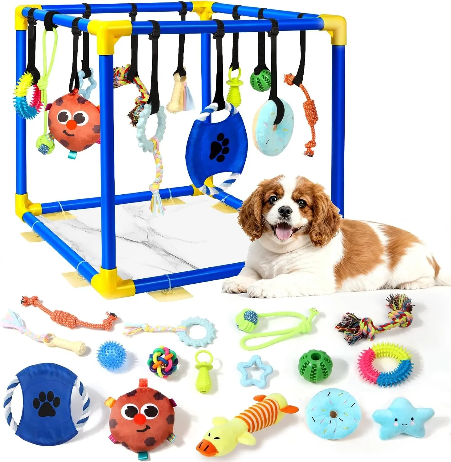Puppy Play Gym with 16 Toys, Removable Dog Enrichment Playground, Interactive Indoor Training Activity Center for Small Dogs, with 12 Hanging + 4 Floor Squeaky Teething Toys