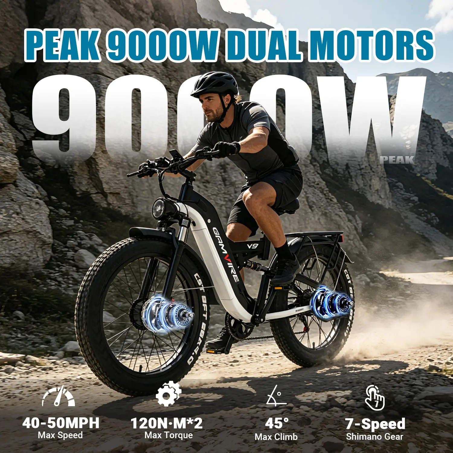 EBycco V9, 9000W peak  motor    for adults   Bike   , 55 MPH fat tire e-, 52V 30Ah removable battery, 80–120 mile range, full suspension, hydraulic brakes, UL certified Dual Seat Foldable Electric Bike