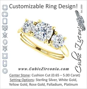 Cubic Zirconia Engagement Ring- The Yolonda (Customizable 3-stone Cathedral-set Design with Cushion Cut Center and Round Cut Accents)