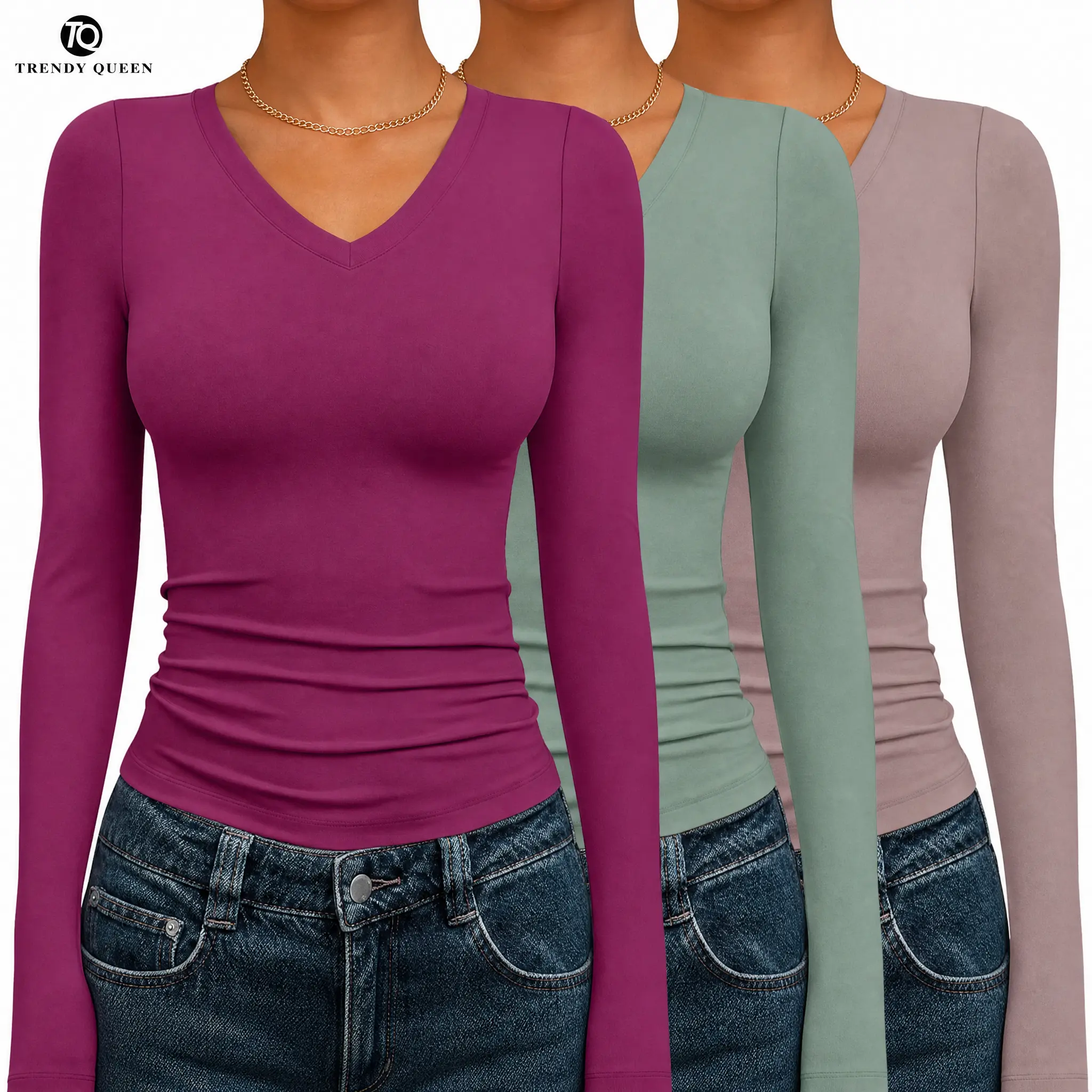 TrendyQueen Womens Deep V-Neck 3 PACK Long Sleeve Shirts 2026 Fall Fashion Basics Crop Tops Tshirt Casual TrendyQueen Womens Deep V-Neck 3 PACK Long Sleeve Shirts 2026 Fall Fashion Basics Crop Tops Tshirt Casual