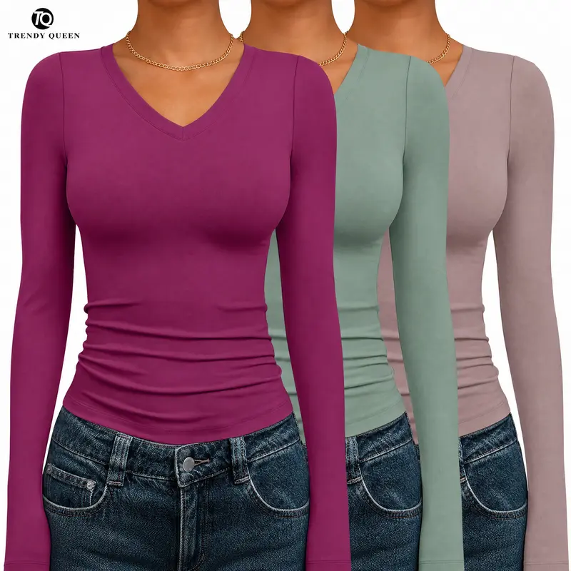 TrendyQueen Womens Deep V-Neck 3 PACK Long Sleeve Shirts 2026 Fall Fashion Basics Crop Tops Tshirt Casual