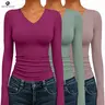 TrendyQueen Womens Deep V-Neck 3 PACK Long Sleeve Shirts 2026 Fall Fashion Basics Crop Tops Tshirt Casual