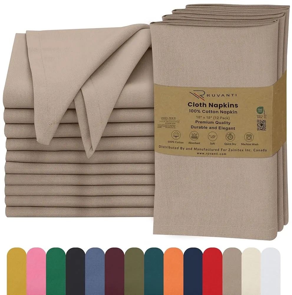Ruvanti 12-Pack Light Taupe Cotton Napkins for Weddings, Christmas & Thanksgiving - Soft, Washable & Absorbent