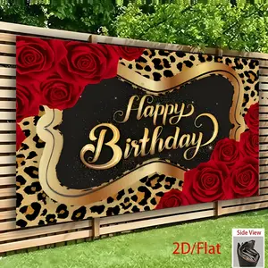 Leopard & Rose Party Banner Backdrop - Elegant Black & Golden Frame with Red Roses, Polyester Fabric Decor for Birthdays, Weddings, Father’s Day, Midsummer Festival -  Versatile Home & Event Decoration, Sophisticated Design Ornaments White