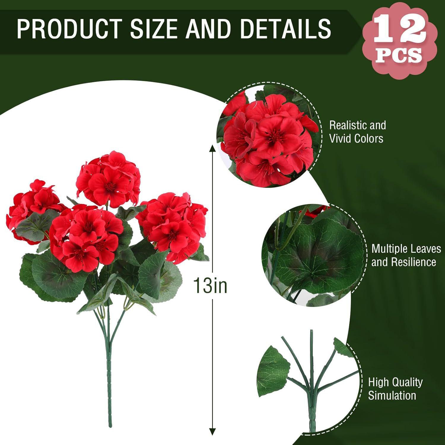 8 pcs /12 pcs /24 pcs of outdoor artificial geraniums, artificial plant UV resistant plastic flowers, used for indoor, outdoor, courtyard, hanging flower pots, porch, window home decoration