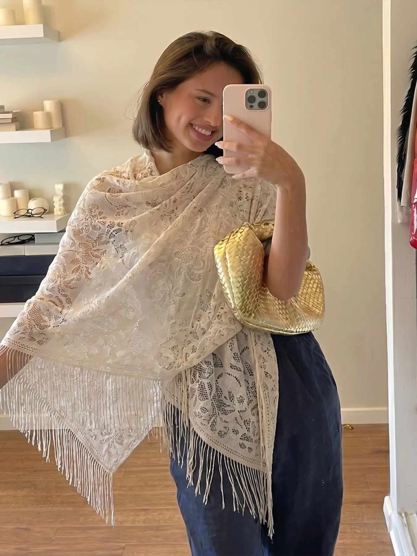 Boho Style Lace Fringe Sun Protection Poncho, Soft Skin-Friendly Outerwear, Daily/travel Atmosphere Poncho Shawl, 1 Piece, Uv Protector Scarf