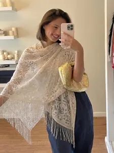 Boho Style Lace Fringe Sun Protection Poncho, Soft Skin-Friendly Outerwear, Daily/travel Atmosphere Poncho, 1 Piece