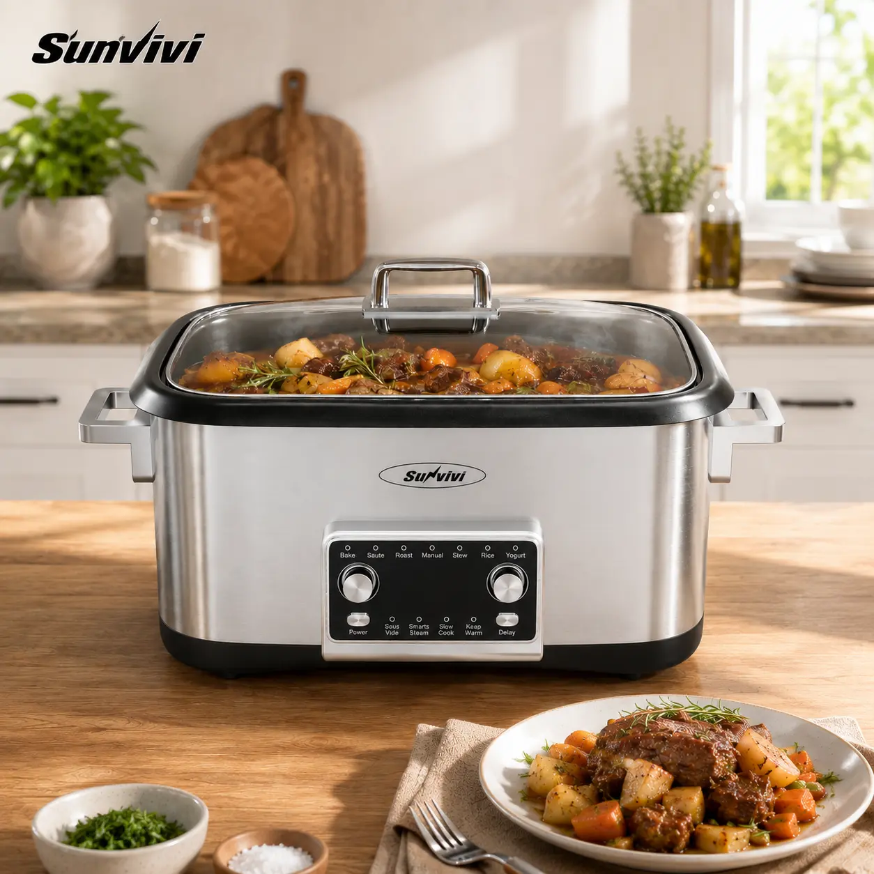 Sunvivi 8-Qt 12-in-1 Instant Multi Cooker - Programmable Multi Function Cooker with LED Screen, Digital Timer, Adjustable Temp Control, Food Warmer, Stainless Steel & Aluminium Pot, Tempered Glass, Family Size Countertop Meal Prep Essential