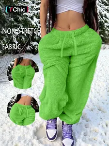 GILIPUR Y2K Women's Solid Color Pocket Drawstring Warm Thick Fleece Fabric pants,Women's Stretch Loose Casual Pants,With Large Front And Back Pockets,Suitable For Autumn And Winter Wear,Tchic