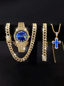 Men's Luxury Rhinestone Decorated Quartz Watch & Jewelry Set, Including Round Dial Watch & Bracelet & Necklace, Fashion Watch Set for Party, Daily Decor