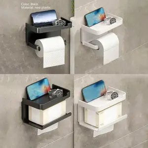 Plastic Toilet Paper Holder Wall Mounted, No-Drill Bathroom Organizer, Dual Use Phone Stand, Cosmetic Storage Rack, Bath Accessories, Tissue Holder