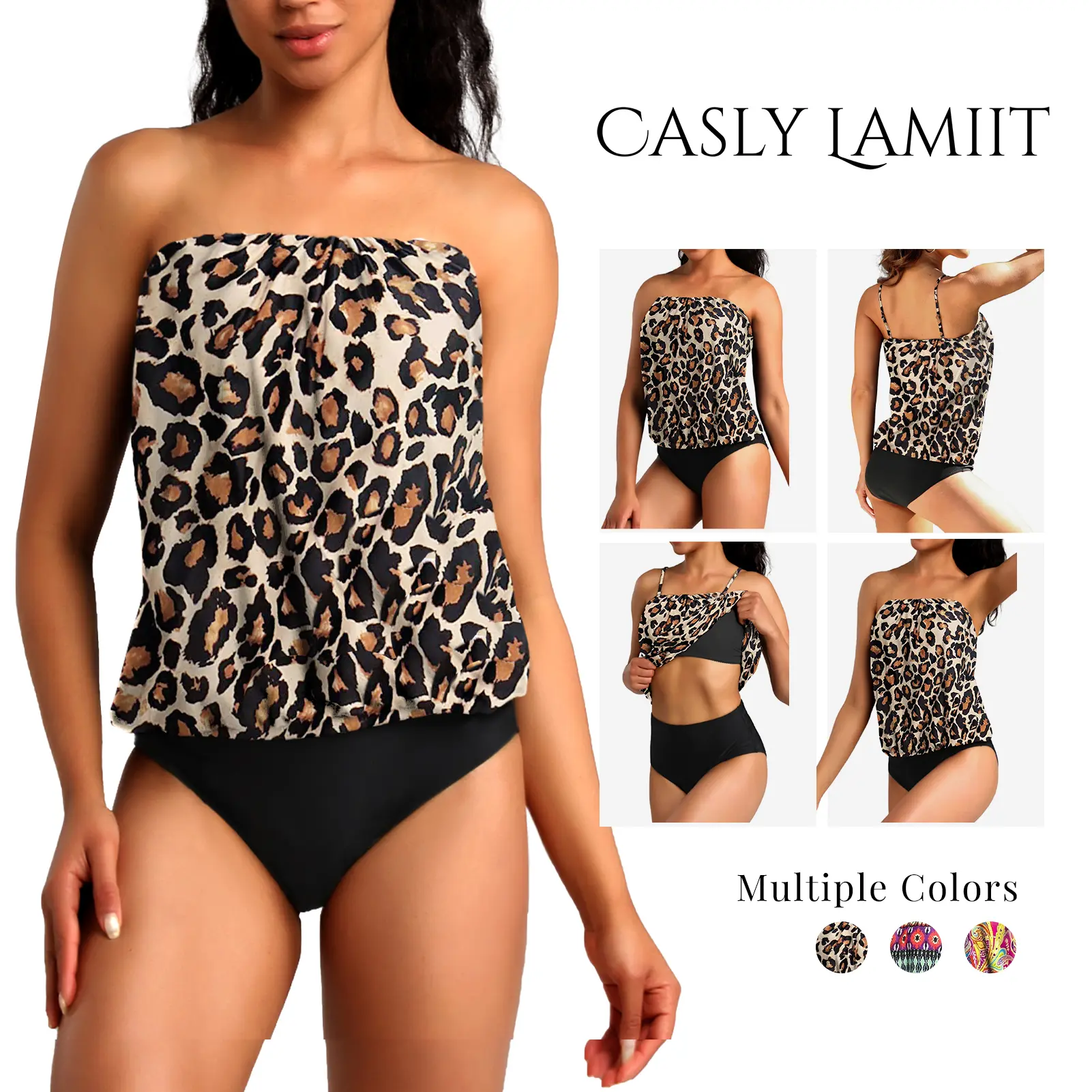 Casly Lamiit Women's 2-Piece Bandeau Tankini Swimsuit, Loose Blouson Swim Top with Tummy Control Bikini Bottom, Quick-Dry Soft Fabric, for Water Sports, Multi-Size, Tankini For Women, Bathing Suit Women,summervibes outdoorfun