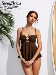 Briza｜Adjustable Strap Tankini Swimsuits Set In Dark Brown With Shell Cutout, Tankini Suit And Tankini Swimsuit For Women, Swimsuits 2 Piece And Two-Piece Swimsuit As Vacation Swimwear For Women, Bathing Suits 2 Piece Set With Confidence