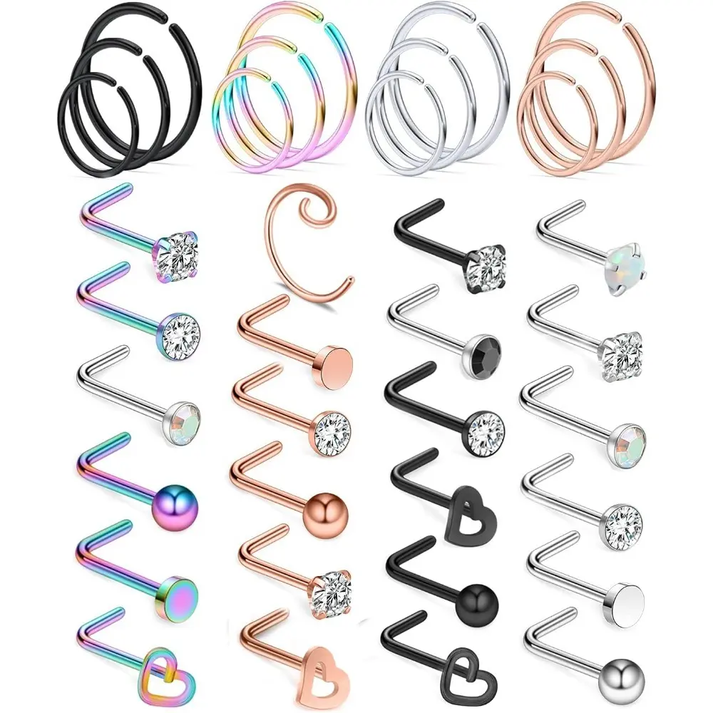 36PCS Nose Rings Hoops Nose Piercings L Shaped Nose Ring Surgical Steel Nose Piercing Jewelry Hoop Nose Rings for Women Nose Screw Nostril Piercing