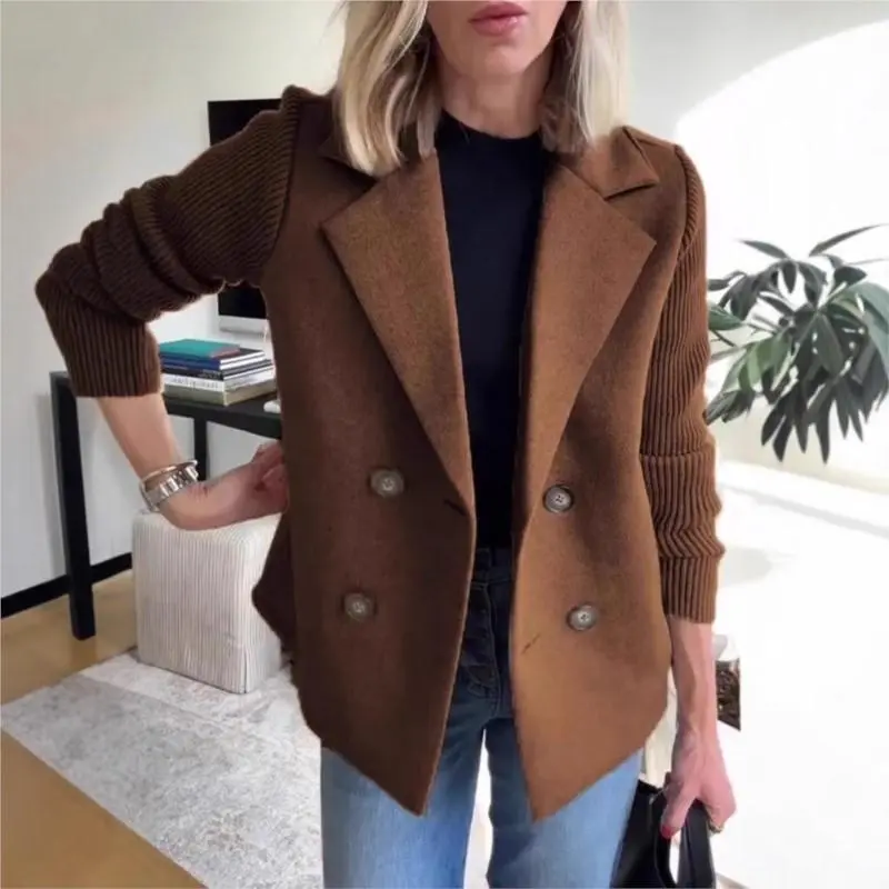 Spring Fall Suit Collar Casual Coat Women Knitted Long Sleeve Tweed Office Jacket Blend Wool Coat Double Breasted Blazer Female Can be used with raincoat