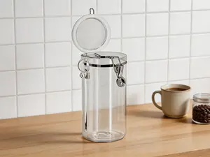 72oz clear airtight canister with clamp lid and matching spoon. Sealed dry food storage container, ideal for pasta, flour, sugar, coffee, rice, tea and spices in kitchen and pantry.