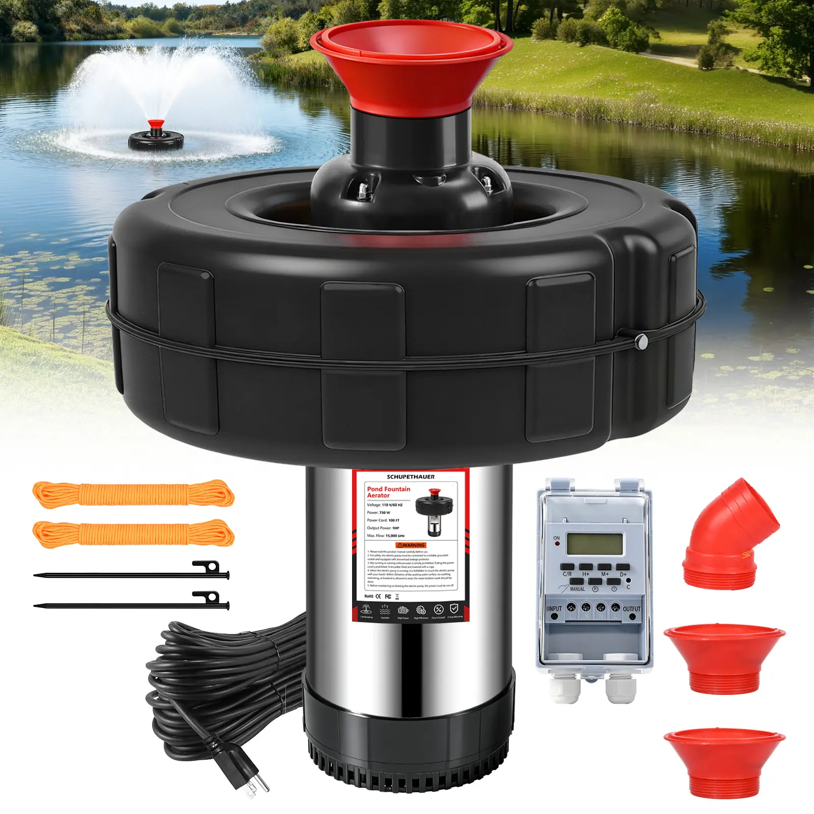 NEW SCHUPETHAUER 1HP Pond Aerator Pump 750W 110V, 15000GPH Floating Fountain Pump with Timer, Large Pond Oxygenator for Fish Lake Garden