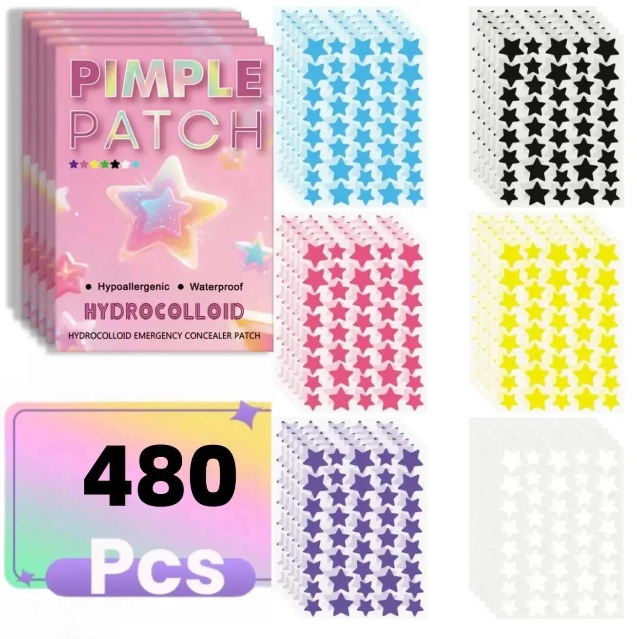 480 Pieces Facial Hydrocolloid Acne Patches, Cute Star-Shaped Coverings, Acne Pimple Patch, Acne Stickers, Acne Clearing Products, Alcohol-Free, Odorless, Gentle, Non-Irritating, Suitable for All Skin Types