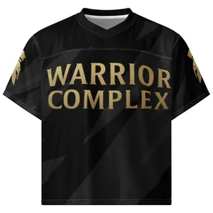 Warrior Complex Gold Spartan Jersey Black with Metallic Gold Detailing Relaxed Athletic Fit Short Sleeve Crew Neck Breathable Mesh Summer Menswear Top