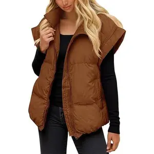Womens Quilted Puffer Vest Casual Stand Collar Cap Sleeve Coat Zip Loose Fit Warm Outerwear