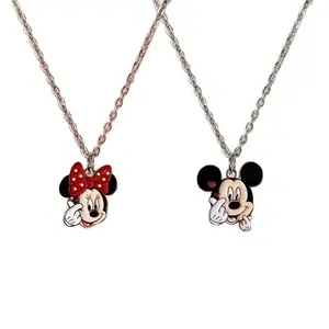 Disney Mickey and Minnie Heart Necklace Rose Gold & Silver Color Options Featuring Iconic Characters Matelasse Chain Elegant Design