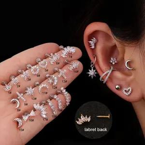 2026 New 1Pc Silver Color Stainless Steel Ear Cartilage Helix Screw Back Earring Stud Cz Tragus Rook Conch Piercing Jewelry