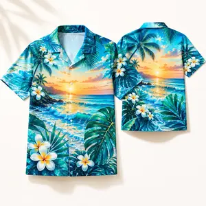 Tropical Hawaiian Shirt for Men, Beach Sunset Ocean Palm Tree Floral Button Down Shirt, Aloha Vacation Short Sleeve Summer Beach Shirt, Island Resort Luau Cruise Casual Camp Shirt, Blue Plumeria Print Top for Vacation