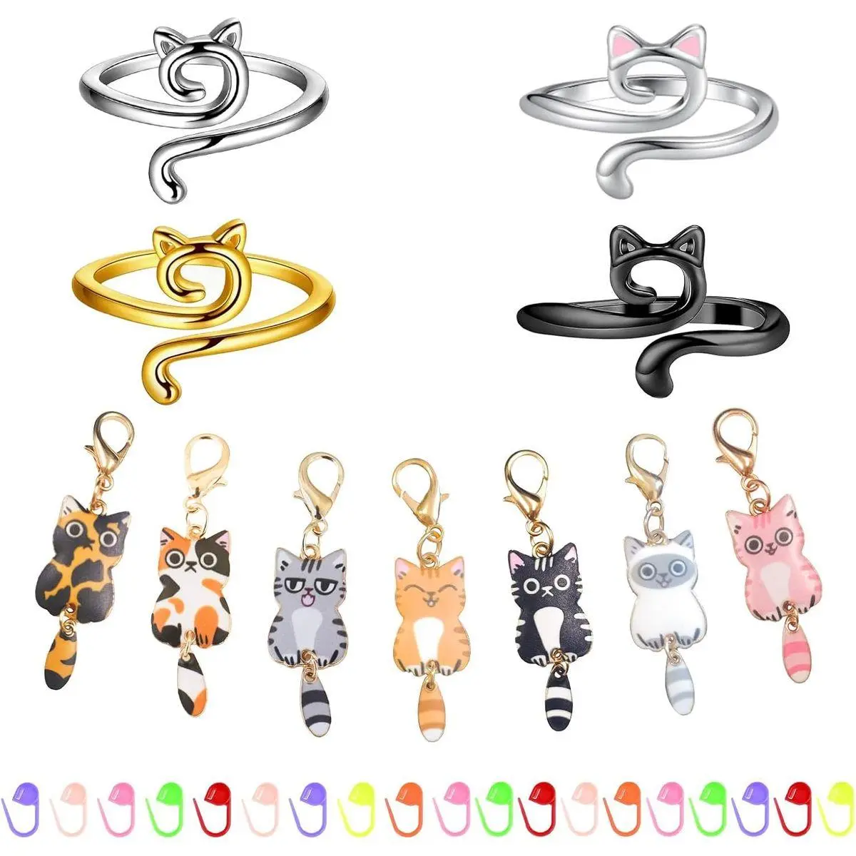 4PCS Adorable Crochet Rings with 7PCS Cat Stitch Markers and 20PCS Stitch Needle Clip Counter,Adjustable Tension Rings for Finger Accessories and Gadgets,Ideal Yarn Guide Ring Knitting Tools for Women