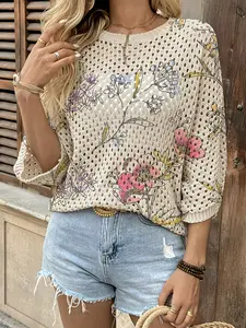 Spring Summer Women's Hollow Out Batwing Sleeve Knit Top, Colorblock Floral Print, Casual Elegant Commuter Wear, Boho Beach Cover-Up