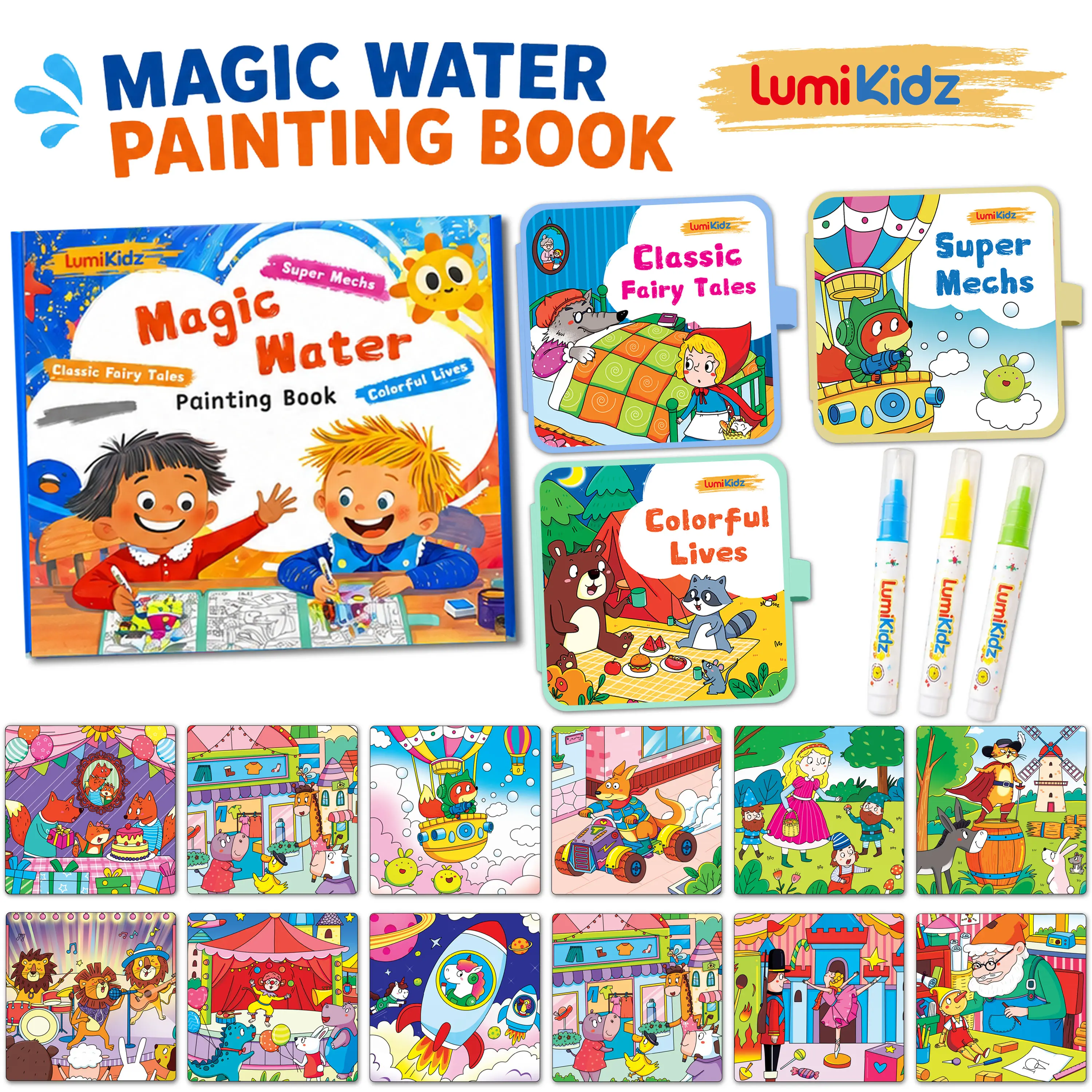 [SchoolMustHave]2027 LUMIKIDZ Magic Water Coloring and Doodle Books for Toddlers,Paint with Water Activity Books,Travel Toys for Kids Watercolor Painting Art Supplies,Quiet time activities,Classic Falry Tales,Super Mechs,Colorful Lives