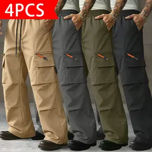 Men’s four-pack cargo pants with multiple pockets, elastic waistband, street-style design, and zipper details—perfect for urban streetwear, outdoor activities, casual wear, and fitness workouts.