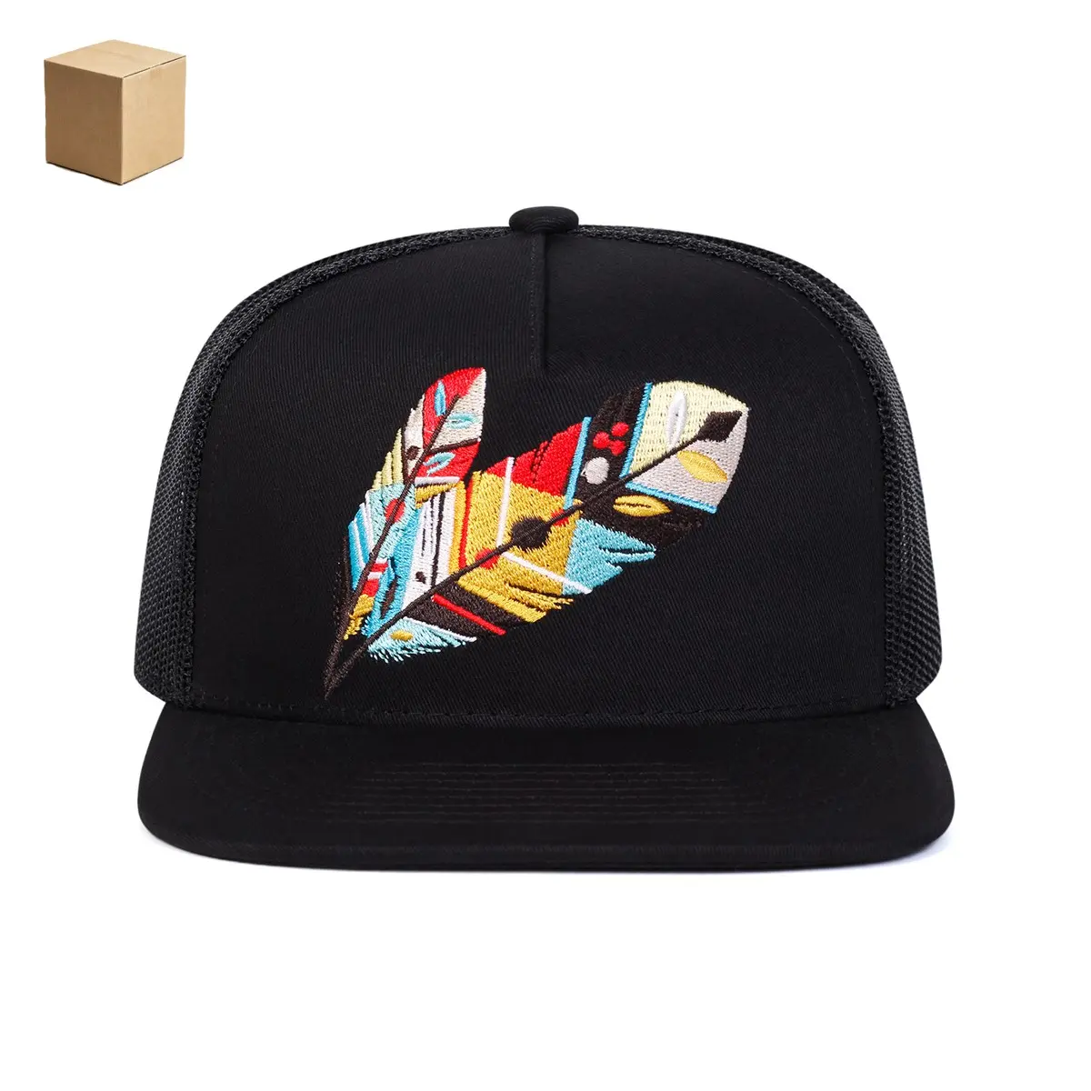 Colorful Geometric Feather Embroidery Trucker Hat | Adjustable & Sun-proof, Ideal for Street Style, Surf and Trips